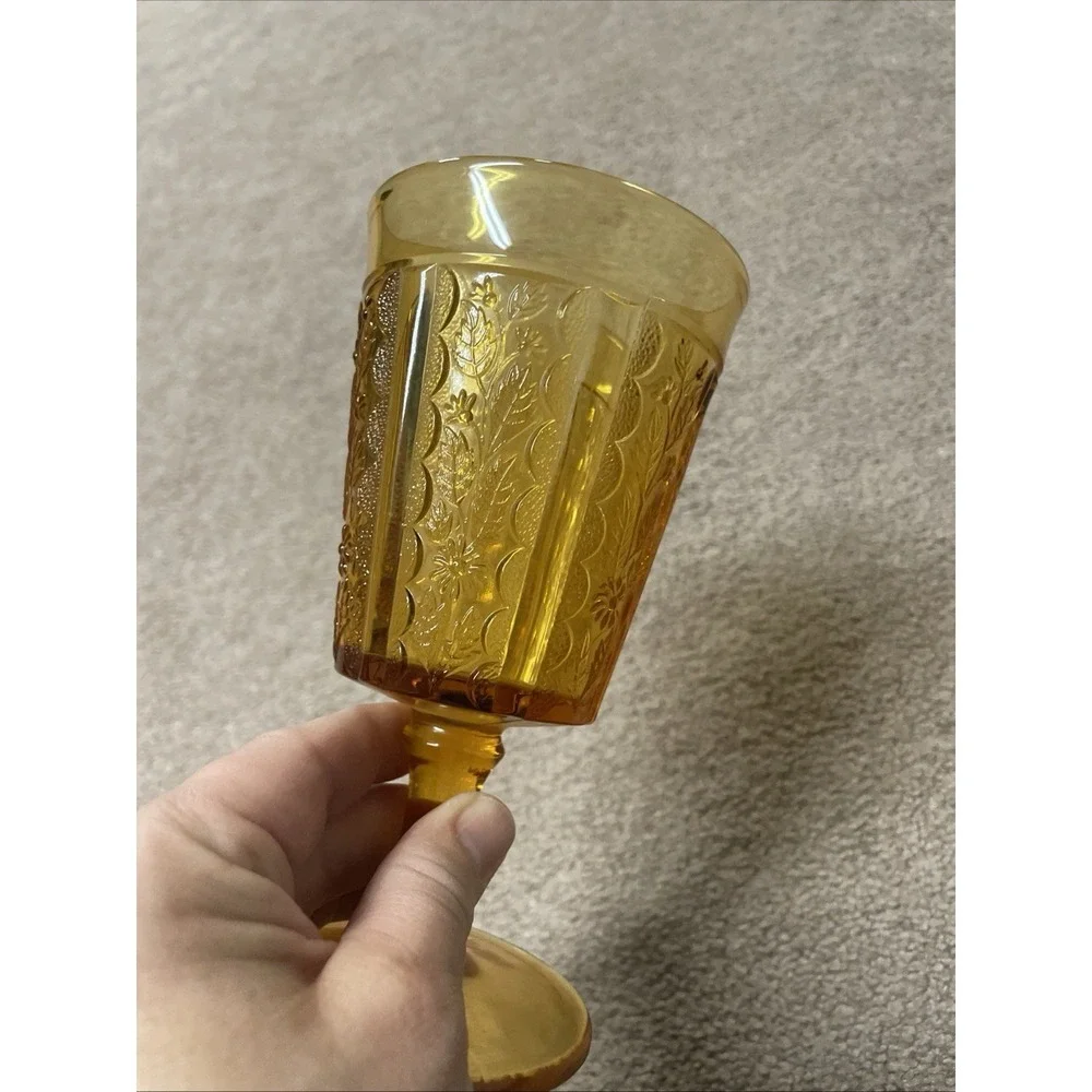 Vintage‎ 70's Retro Indiana Glass Button Daisy Leaf Tiara Amber Footed Goblet 6